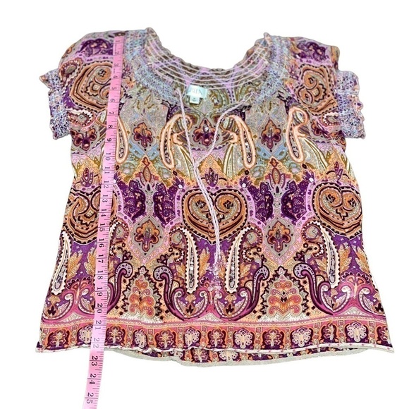 Bila Rayon Boho Festival Free Flowing Smocked Keyhole Front Top Blouse Sz M - Picture 5 of 9